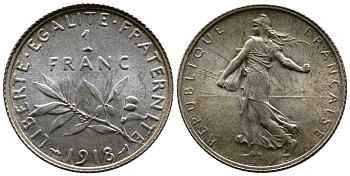 Франция 1 франк 1918 сеятель KM 844.1, Le Franc 217.24 серебро UNC 259-717