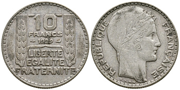 Франция 10 франков 1929 Пьер Тюрен KM 878, Le Franc 360.2 серебро 79-311