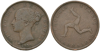 Остров Мэн 1/2 пенни 1839 Виктория KM 13 медь 94-932