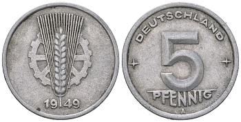 ГДР 5 пфеннигов 1949 A KM 2 алюмний 188-422