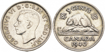 Канада 5 центов 1940 бобр, Георг VI (1937-1952) KM 33 никель 73-1155