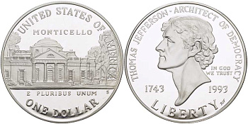 США 1 доллар 1993 S, 250 лет со дня рождения Томаса Джефферсона KM 249 серебро PROOF 00-00