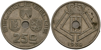 Бельгия 25 сантимов 1939 Belgique - Belgie KM 114 никель латунь 4382-446