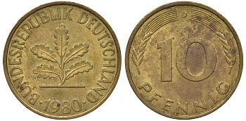 ФРГ 10 пфеннигов 1980 D KM 108, J. 383 сталь плакированная латунью 62-616