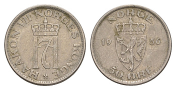 Норвегия 50 эре 1956 Хокон VII (1905-1957) KM 402 медно-никель 4635-421