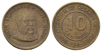 Перу 10 сентаво 1986 Мигель Грау Семинарио KM 293 латунь 4169-1233