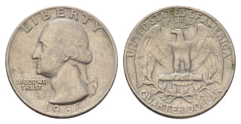 США 25 центов (квотер, 1/4 доллара) 1966 Вашингтон KM 164a медь плакированная медно-никелем 202-136
