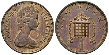 Великобритания 1 пенни 1975 Елизавета II (1952-2022) KM 915, Spink 4237 (B1) бронза 4539-523