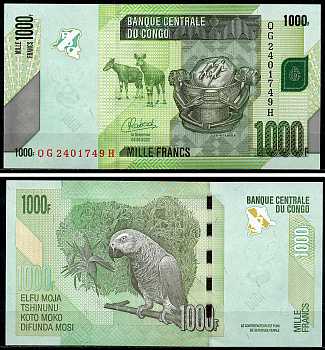 ДР Конго 1000 франков 2022 окапи, попугай Pick 101 d  бумага  UNC (пресс) 449-76-1
