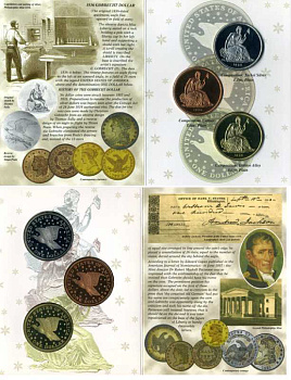 США НАБОР ИЗ ТРЕХ МОНЕТ 1836 РЕПЛИКА СЕРЕБРЯННОГО ДОЛЛАРА LIBERTY SEATED DESIGN, В ТРЕХ ИСПОЛНЕНИЯХ, СЕРЕБРЕНИЕ, ПОЗОЛОТА, МЕДЬ, ТИРАЖ 27500 ЭКЗ., В ОРИГИНАЛЬНОМ КАРТОННОМ БУКЛЕТЕ PROOF 00-00