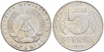 ГДР 5 ПФЕННИГОВ 1975 A KM 9.1 алюминий 110-315