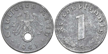 ГЕРМАНИЯ 1 РЕЙХСПФЕННИГ 1941 A KM 97, J. 369 цинк 206-1123