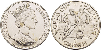 Гибралтар 1 крона 1990 чемпионат мира по футболу в Италии 1990 года, два игрока, атака KM 37 медно-никель BUNC 1084-8-21