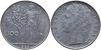 ИТАЛИЯ 100 ЛИР 1969 R, АФИНА KM 96.1 сталь 4394-611