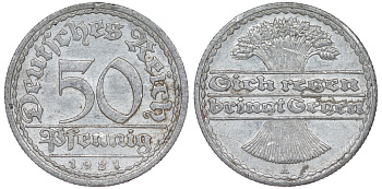 Германия 50 пфеннигов 1921 A KM 27, J. 301 алюминий 4114-542