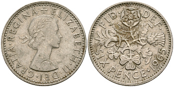 Великобритания 6 пенсов 1965 Елизавета II (1952-2022) KM 903, Spink 4149 медно-никель 4364-3655