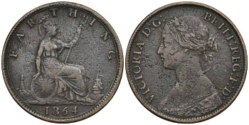 Великобритания 1 фартинг 1864 Виктория (1837-1901) KM 747.2, Spink 3958 бронза 4548-1055