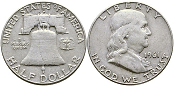 США 1/2 ДОЛЛАРА ( 50 ЦЕНТОВ ) 1961 D, ФРАНКЛИН, КОЛОКОЛ KM 199 серебро 58-625