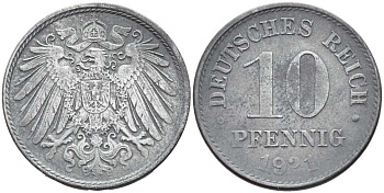 ГЕРМАНИЯ 10 ПФЕННИГОВ 1921 KM 26, J. 299 цинк 4401-216