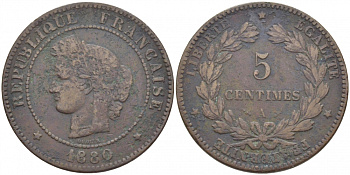 ФРАНЦИЯ 5 САНТИМОВ 1880 A, ТРЕТЬЯ РЕСПУБЛИКА (1871-1940) KM 821.1, LE FRANC 118.22 бронза 4448-136