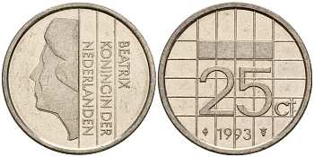 Нидерланды 25 центов 1993 Беатрикс (1980-2013) KM 204 никель    4598-322