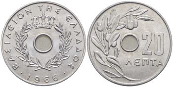 Греция 20 лепта 1966 Константин II (1964-1974), оливковая ветвь KM 79 алюминий UNC 28-811