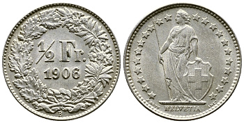 Швейцария 1/2 франка 1906 В KM 23 серебро UNC 46-922