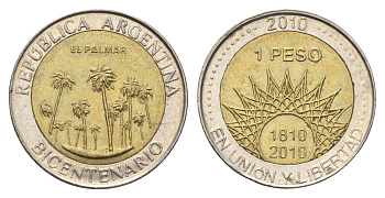 Аргентина 1 песо 2010 200 лет Аргентине - парк Эль-Палмар KM 156 биметалл 4663-644