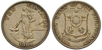 ФИЛИППИНЫ 10 СЕНТИМО 1964 KM 188 медь цинк никель VG 4181-311