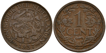 Нидерланды 1 цент 1937 Вильгельмина I (1890-1948) KM 152 бронза 4154-918