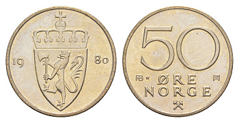 Норвегия 50 эре 1980 Улаф V (1957-1991) KM 418 медно-никель BU 4615-437