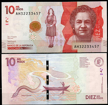 Колумбия 10000 песо 2019 Поликарпа Салавариета Риос, змеи и человек на реке Pick 453  бумага  UNC (пресс) 447-70-1-2