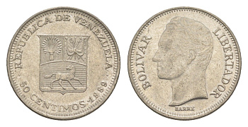 Венесуэла 50 сентимо 1989 Симон Боливар Y 41a сталь плакированная никелем 4584-342