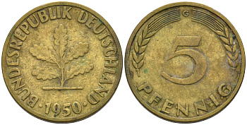 ФРГ 5 ПФЕННИГОВ 1950 G KM 107, J.382 сталь плакированная латунью 75-455