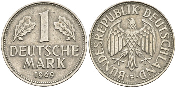 ФРГ 1 марка 1969 J KM 110, J. 385 медно-никель 4132-1035