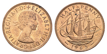 Великобритания 1/2 пенни 1965 Елизавета II (1952-2022) KM 896, Spink 4158 бронза aUNC 4662-1233