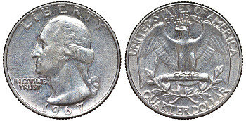 США 25 центов (квотер) 1967 Вашингтон KM 164a медь плакированная медно-никелем 53-855