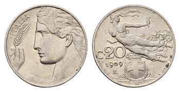 Италия 20 чентезимо 1909 R, Виктор Эммануил III (1900-1946) KM 44 никель 3996-955