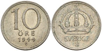 Швеция 10 эре 1944 G, Густав V (1907-1950) KM 813 серебро 4147-844