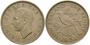 Новая Зеландия 1 пенни 1951 Георг VI (1936-1952), новозеландский туи KM 21 бронза 4536-345