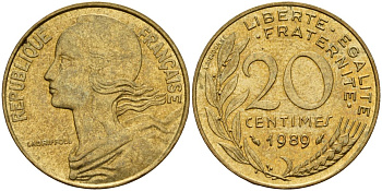 Франция 20 сантимов 1989 тип Marianne KM 930, Le Franc 156.29 медь алюминий никель 4126-637
