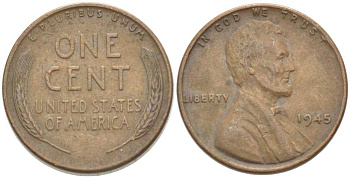США 1 ЦЕНТ 1945 ЛИНКОЛЬН KM А132 медь цинк 218-936