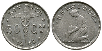 БЕЛЬГИЯ 50 САНТИМОВ 1929 BELGIQUE KM 87 никель 4385-666