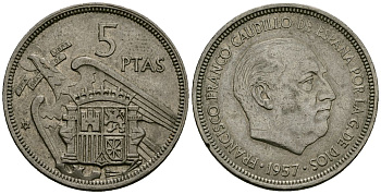Испания 5 песет 1957 (74) KM 786 медно-никель 4138-1046
