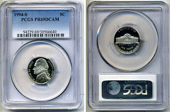 США 5 центов 1994 S, президент Джеферсон, в слабе PCGS PR69CAM KM А192 медно-никель PROOF 15-003-15