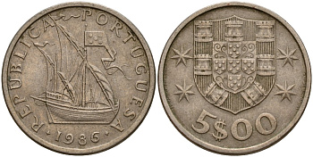 Португалия 5 эскудо 1986 KM 591 медно-никель 4156-557