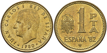 Испания 1 песета 1980 (82) чемпионат мира по футболу 1982 года в Испании, Хуан Карлос I (1975 - 2014) KM 816 алюминиевая бронза 4604-313