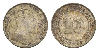 Стрейтс-Сетлментс (Стрейтс Сетлментс) 10 центов 1910 Эдуард VII (1901-1910) KM 21a серебро 1519-1141