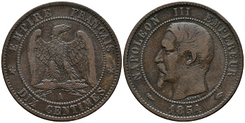ФРАНЦИЯ 10 САНТИМОВ 1854 А, НАПОЛЕОН III (1852-1870) KM 771.1 бронза 32-932