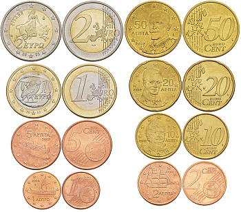 Греция евронабор из 8 монет 2002 (1, 2, 5, 10, 20, 50 евроцентов, 1, 2 евро) KM 181, 182, 183, 211, 185, 186, 214, 188 UNC N6-47